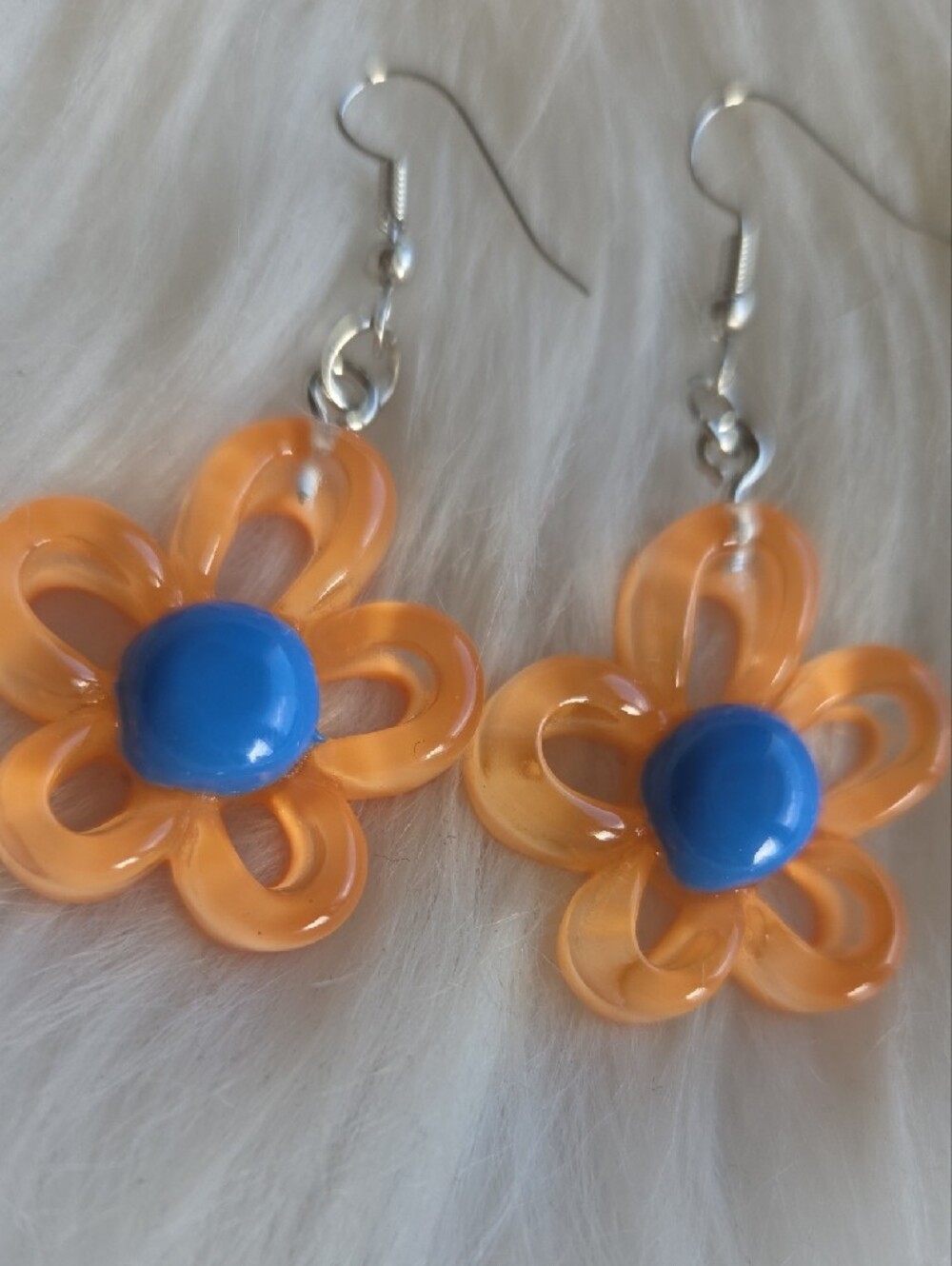 Orange Flower Dangle Earrings with Blue Center - Picture 2 of 5